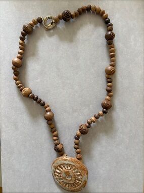 Source Unknown Brown Bead Necklace with Ceramic Sun Pendant